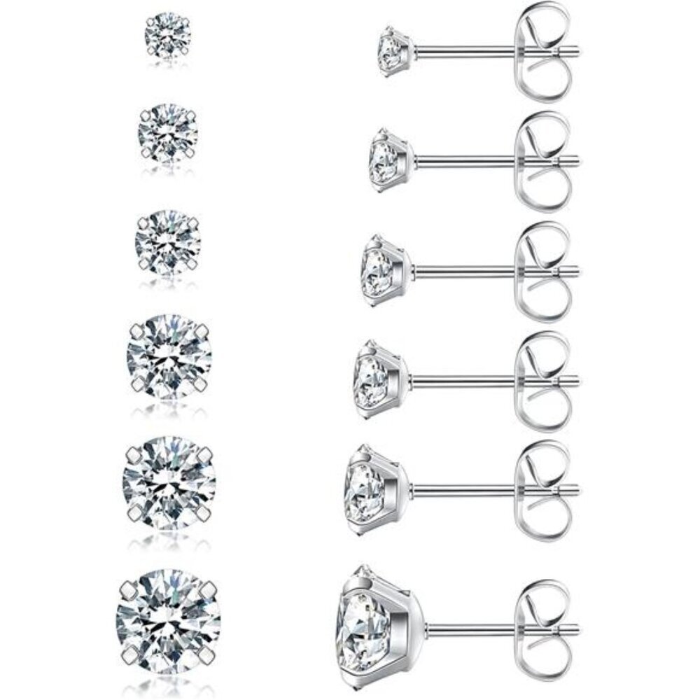 Steel Colored 6 Pairs Stud Earrings Set, Hypoallergenic Cubic Zirconia Earrings